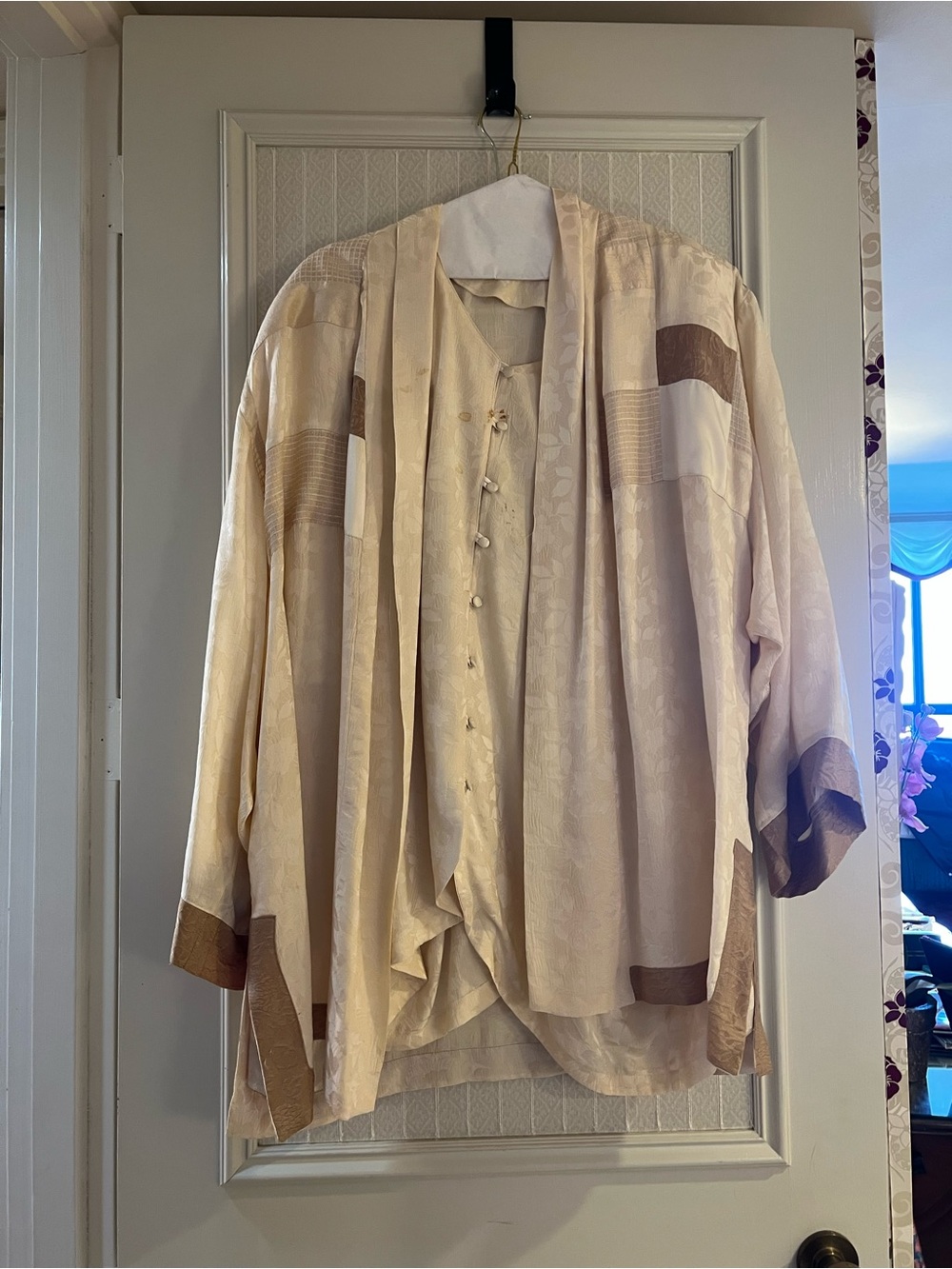 Women's Cream Satin Kimono Jacket with Brown Accents with Matching Skirt 3 piece